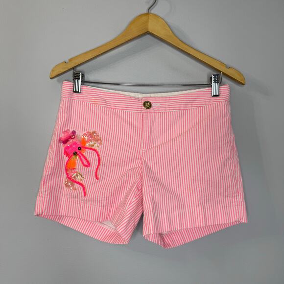 Lilly Pulitzer Pink Striped Callahan Party Sequin Shorts Pink Seersucker Sz 2 - Picture 7 of 10